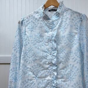 Simplee Light Blue White Embroidered Ruffle Collar Long‎ Sleeve Blouse Women's S